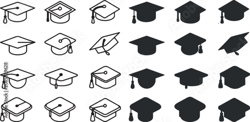 Black and White Graduation Cap and Academic Hat Icons Set Vector Illustration for Education University Student Diploma and College Achievement Design