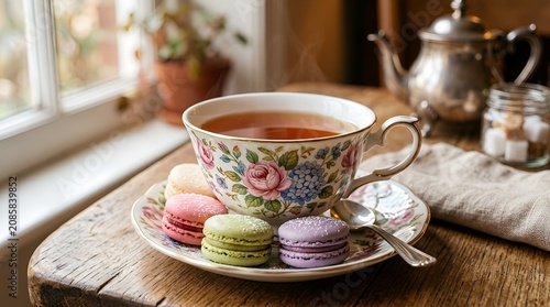 Elegant Tea Time: Floral Cup of Tea with Macarons and Vintage Teapot