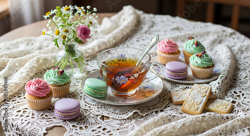 Elegant Tea Time: Cupcakes, Macarons, Cookies, and Tea with Flowers