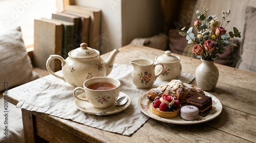 Elegant Tea Time: Pastries, Teapot, Cup, and Flowers on Rustic Table