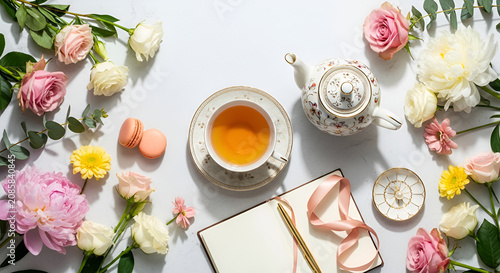 Elegant Tea Time: Flowers, Macarons, Tea Cup, Notebook & Pen Flat Lay Top View