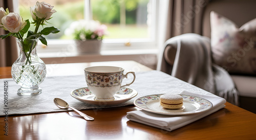 Elegant Tea Time: Porcelain Cup, Scone, and Roses by the Window