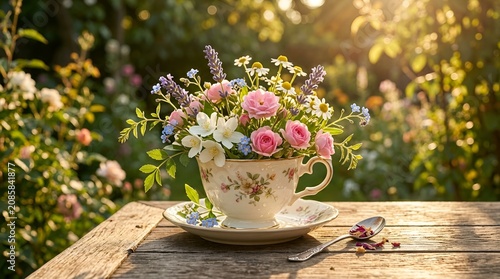 Elegant Teacup bouquet with wildflowers and roses on rustic table in garden