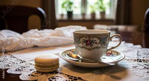 Elegant teacup with floral pattern and macaron on lace tablecloth.
