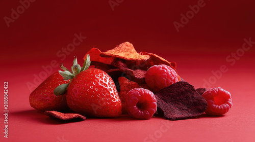 Creating a vibrant, healthy snack with fresh strawberries combined with crunchy freeze dried raspberries and crispy red fruit pieces for a delicious sweet experience