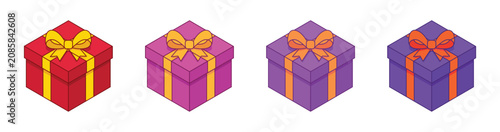 Four small colorful isometric gift boxes with ribbon bows holiday birthday present surprise vector illustration set bundle