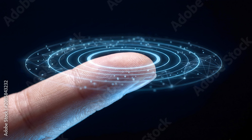 Human index finger touching a glowing digital hologram circle interface with touching hologram interface technology biometric connection scanning