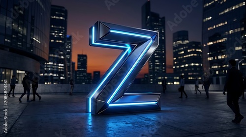 Glowing blue neon letter Z sculpture in city square at dusk with people and skyscrapers