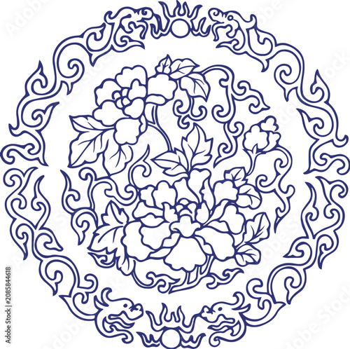 Chinese traditional peony flower and dragon round medallion, vector line art