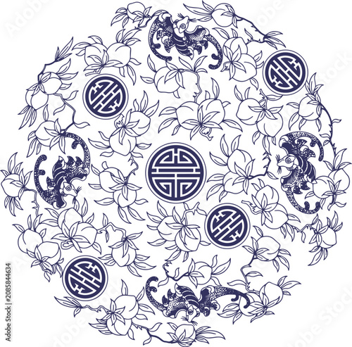 Chinese traditional longevity pattern with bats and peaches, vector illustration