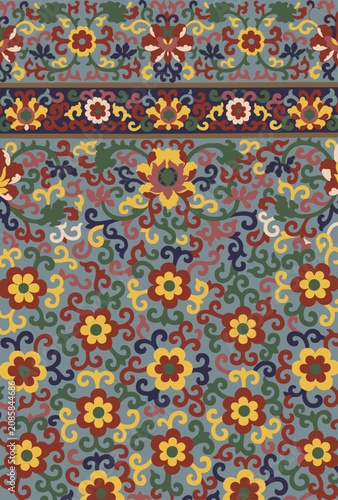 Chinese traditional interlocking floral pattern with decorative border, vector illustration