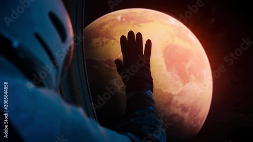 Astronaut in spacecraft leaves Mars behind while pressing hand to window glass. Emotional farewell to beloved red planet creates cinematic space travel scene.