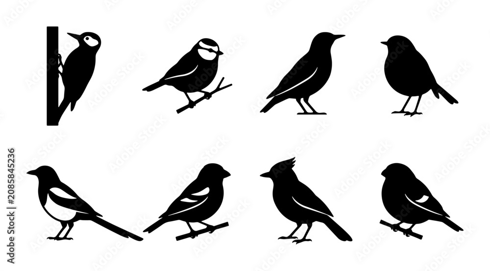 Fototapeta premium Diverse Bird Silhouettes Collection, Avian Vector Icons, Nature Wildlife Graphics, Ornithology Set