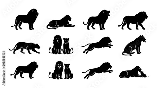 Photography Lion Silhouettes Collection: Majestic Big Cats in Diverse Poses, Vector Art for