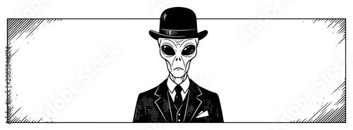 Tableau sur toile Alien gentleman wearing suit and bowler hat portrait in vintage engraving style