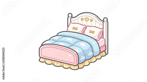 Schilderij op canvas Cute cartoon bed with pink and blue bedding.