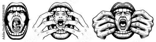 Fotografie Human mouths opening to reveal recursive smaller faces in surreal engraving styl