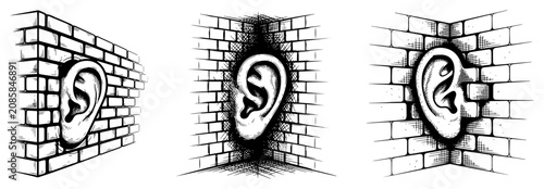 Human ears emerging from brick walls surreal concept vintage engraving style