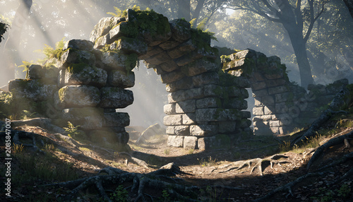 ancient stone arch ruins in a misty forest with sunbeams through trees