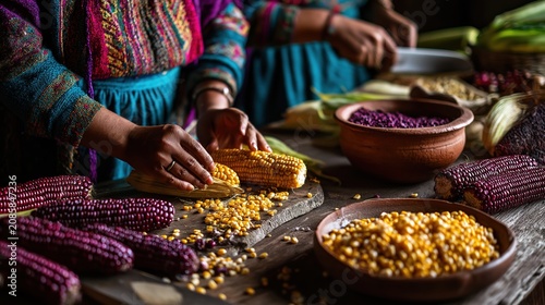 Hands of an indigenous woman preparing fresh corn on a rustic wooden table. Traditional colorful woven clothing and clay bowls with yellow and purple maize. Authentic rural food preparation