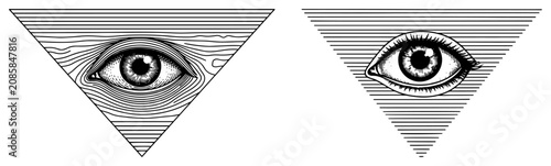 Obraz na płótnie Human eyes inside inverted triangles with wood grain and line patterns in vintag