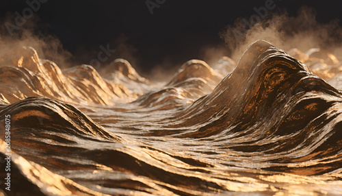 Abstract golden metallic landscape with textured mountains and rising smoke against dark background