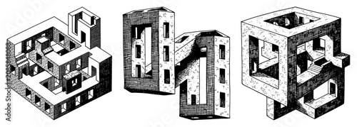 Bild auf Leinwand Impossible isometric architectural cubes with staircases and windows in vintage