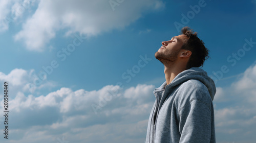 Young man taking a deep breath and closing eyes, finding relaxation and inner peace under open clear blue sky with soft white clouds, embracing freedom, mindfulness
