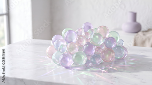 iridescent glass spheres cluster on white marble table in bright modern interior room