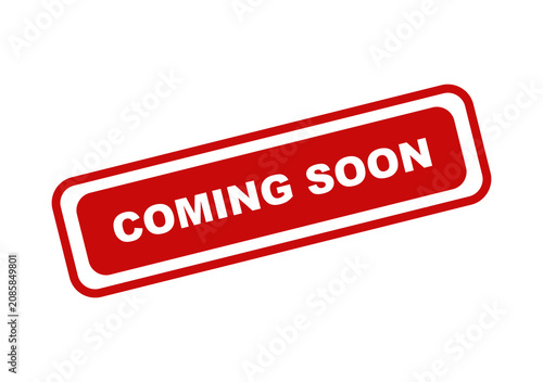 Red coming soon rectangular stamp label with white text isolated on a clean and simple design for marketing projects isolated on transparent background