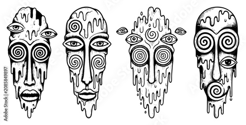 Foto Tribal shaman masks with multiple eyes and melting psychedelic patterns in ink e