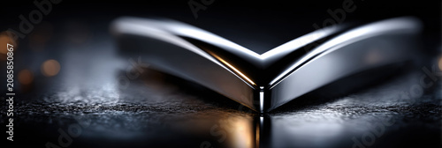 Metallic abstract V shape emblem reflecting on a sleek dark surface, symbolizing luxury, technology, and modern design, representing innovation and executive success
