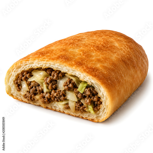 Runza sandwich, Nebraska stuffed bread pocket filled with ground beef, cabbage, and onion, sliced open to show filling
