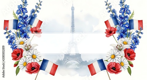 Floral frame with french flags and landmark for bastille day