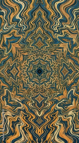 Intricate geometric pattern showcasing a seamless kaleidoscope of blue and gold shapes Symmetrical design.