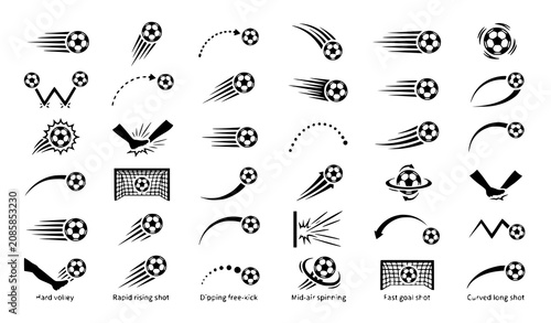Obraz na płótnie Soccer Ball Flying Black Silhouette Vector Pack With Dynamic Football Motion Ico