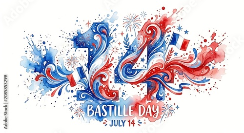 Bastille day celebration with watercolor fourteen and french flags