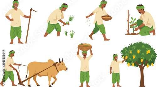 Schilderij op canvas Indian farmer daily agricultural activities set with plowing harvesting sowing s