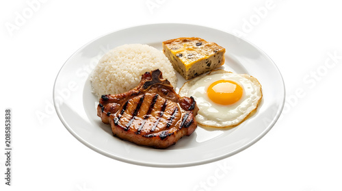 Com Tam traditional Vietnamese broken rice dish with grilled pork chop, sunny side up egg, and meatloaf served on a flat white plate isolated on a solid white background
