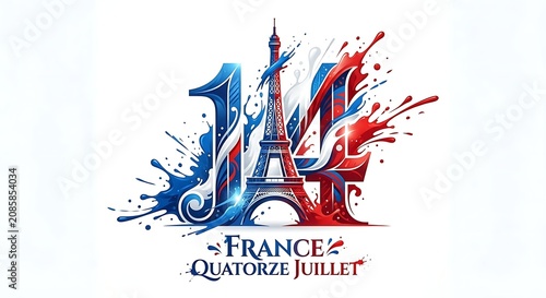 Bastille day graphic featuring tricolor paint splashes and monument
