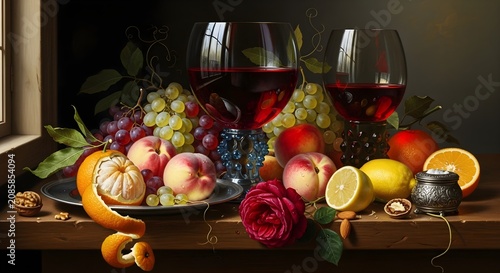Still life arrangement of wine glasses, fresh fruit, and roses on dark wooden table with soft lighting