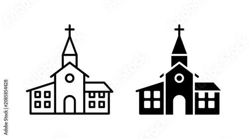 A side-by-side comparison of a church icon, one rendered in clean line art and the other as a solid black silhouette.