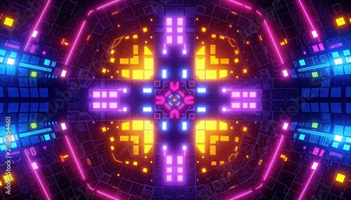 Neon futuristic grid pattern forming portal or tunnel with glowing geometric shapes representing data flow in cyberspace network.