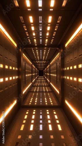 Futuristic spaceship hallway featuring a long perspective and glowing elements forming a modern tunnel.