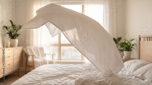 White cotton sheet billowing in bright bedroom with natural light  