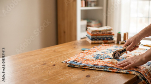 Woman cutting colorful quilt fabric with rotary cutter on table  
