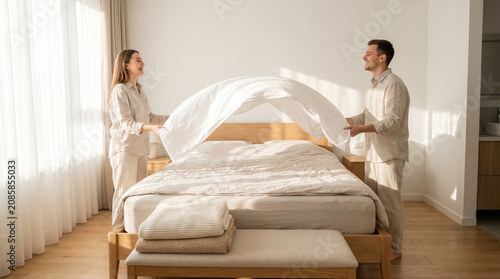 Young couple making the bed together in a bright bedroom at home  