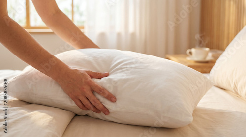 Hands fluffing a soft white pillow on a bed in a bright room  