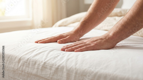 Man smoothing crisp white cotton bed sheet in bright bedroom  