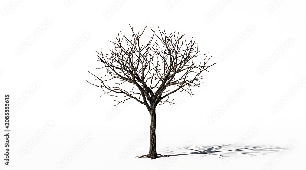 Fototapeta premium Black silhouette of a bare tree without leaves with a long shadow on the ground